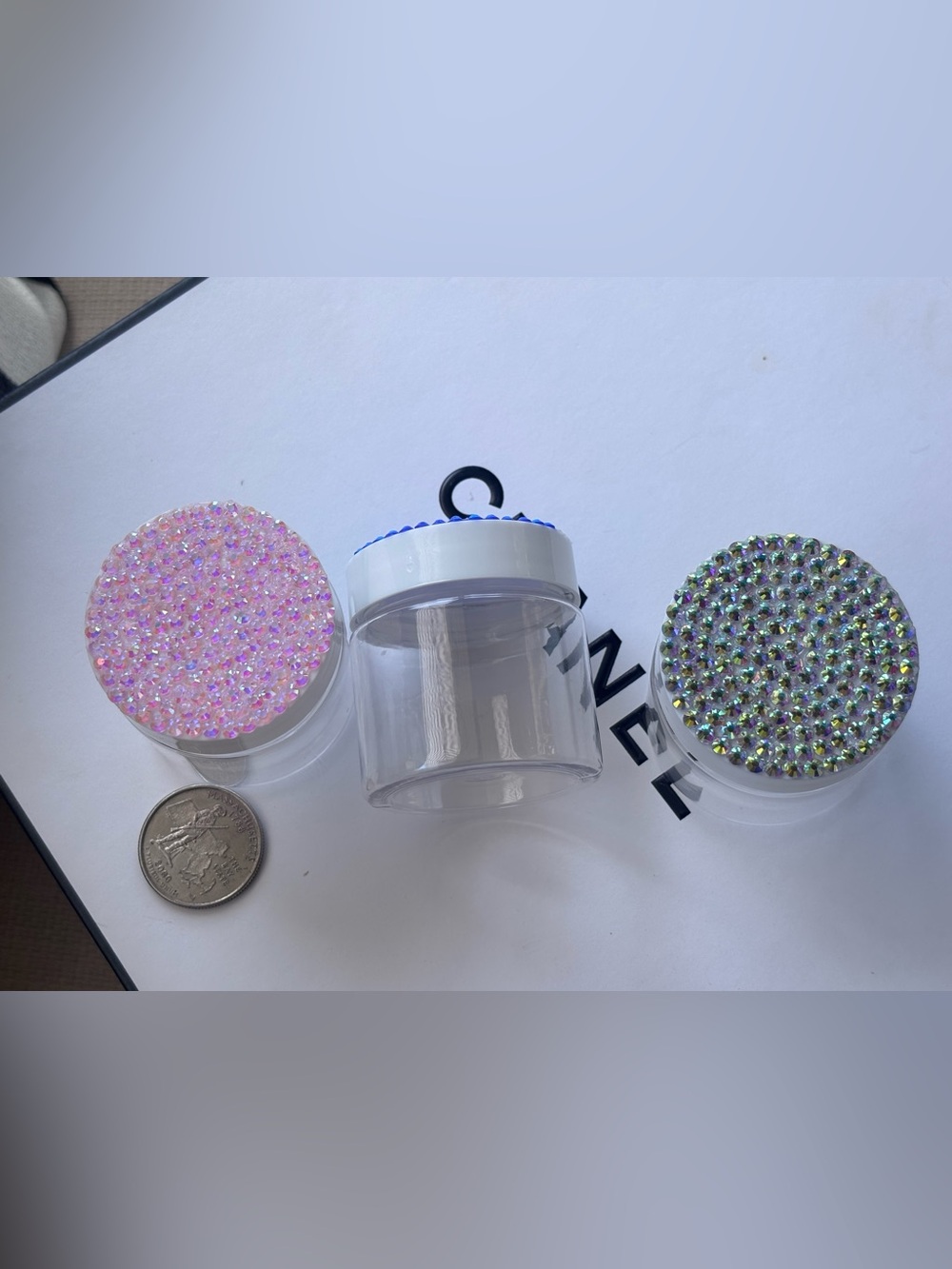 Clear Cosmetic travel jars with bedazzled lids